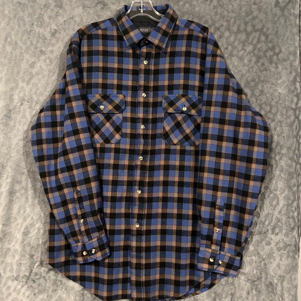 Private Club Mens LT Tall Blue Brown Plaid Flannel Button Down Shirt Acrylic